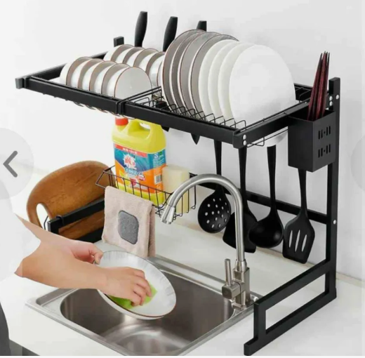 Organizador Sobre Lavaplatos Acero Inoxidable Negro 65cm — 2 Niveles