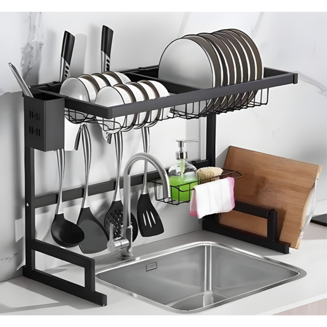 Organizador Sobre Lavaplatos Acero Inoxidable Negro 65cm — 2 Niveles