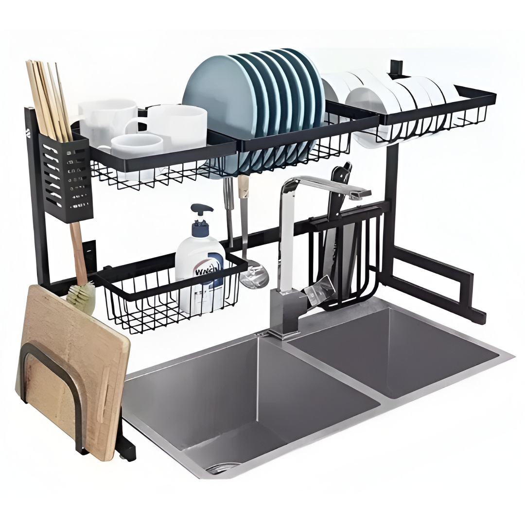 Organizador Sobre Lavaplatos Acero Inoxidable Negro 65cm — 2 Niveles